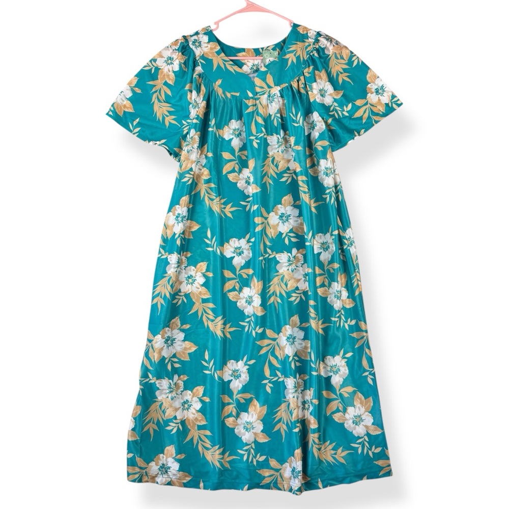 National Nightgown Womens M Medium Short Sleeve Teal Floral Lightweight NWT